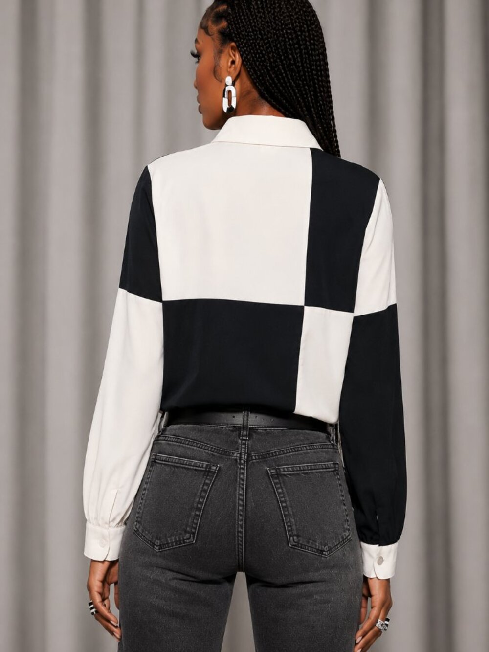 Vintage 90s Ivory & Black Colorblock Button Up Blouse | LARGE